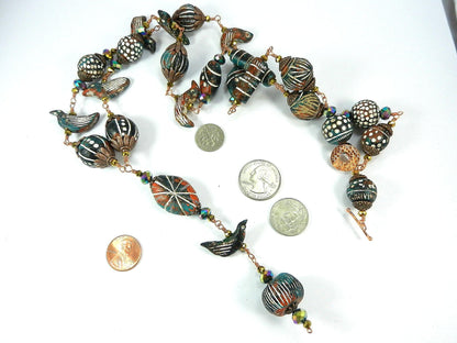 Copper Wire Wrapped Necklaces with Orange White and Blue Clay Bird Bead and Crystals with Matching Earrings