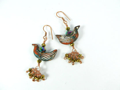 Copper Wire Wrapped Necklaces with Orange White and Blue Clay Bird Bead and Crystals with Matching Earrings