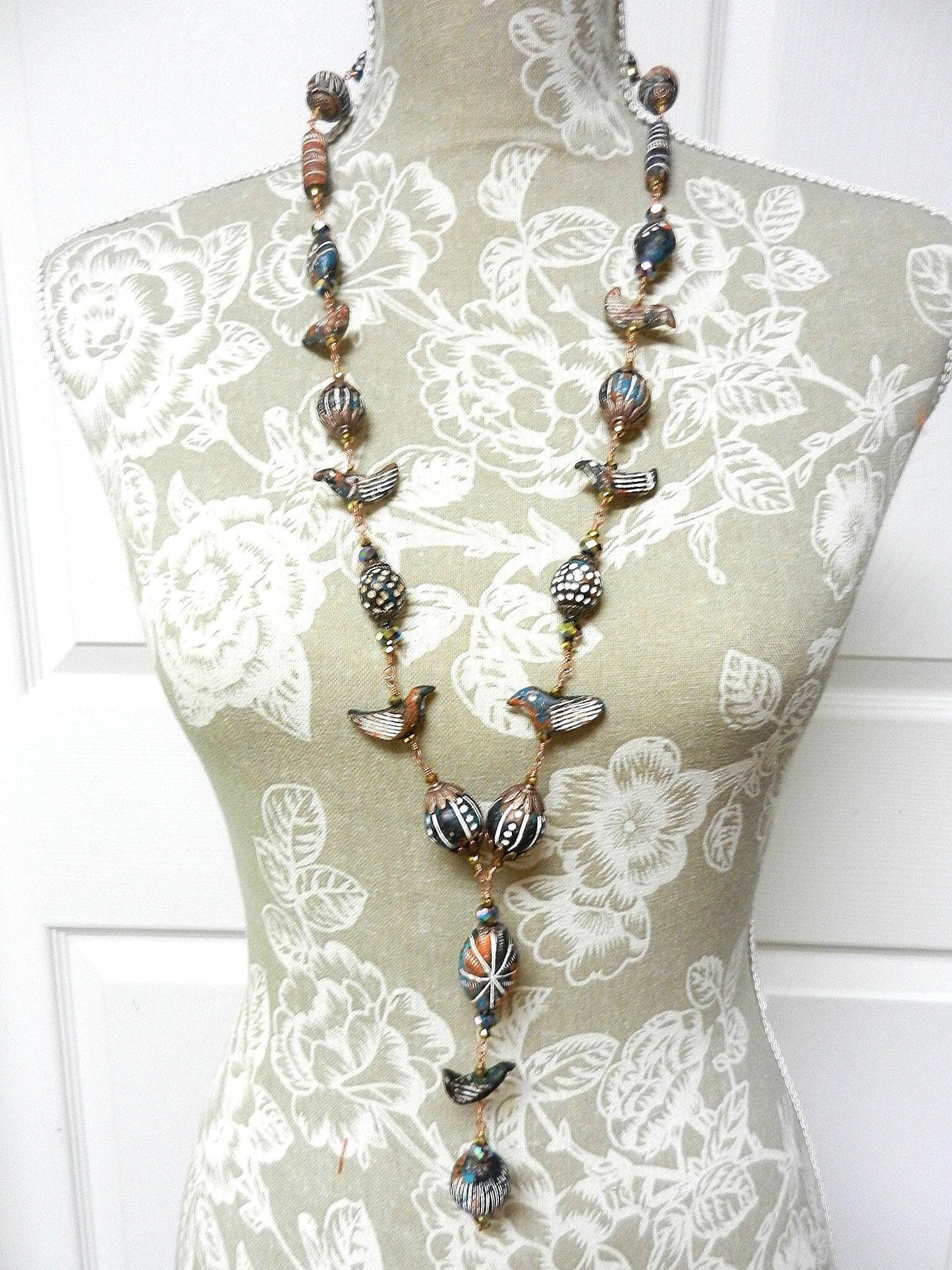 Copper Wire Wrapped Necklaces with Orange White and Blue Clay Bird Bead and Crystals with Matching Earrings