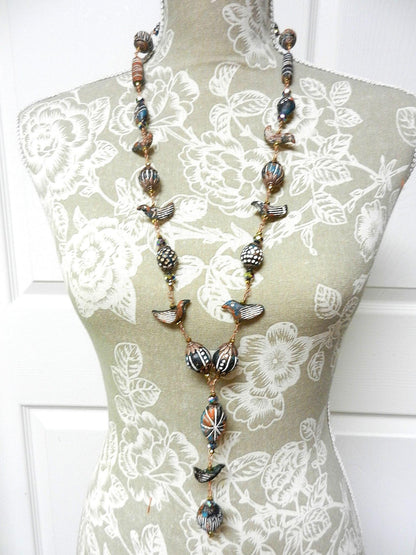 Copper Wire Wrapped Necklaces with Orange White and Blue Clay Bird Bead and Crystals with Matching Earrings