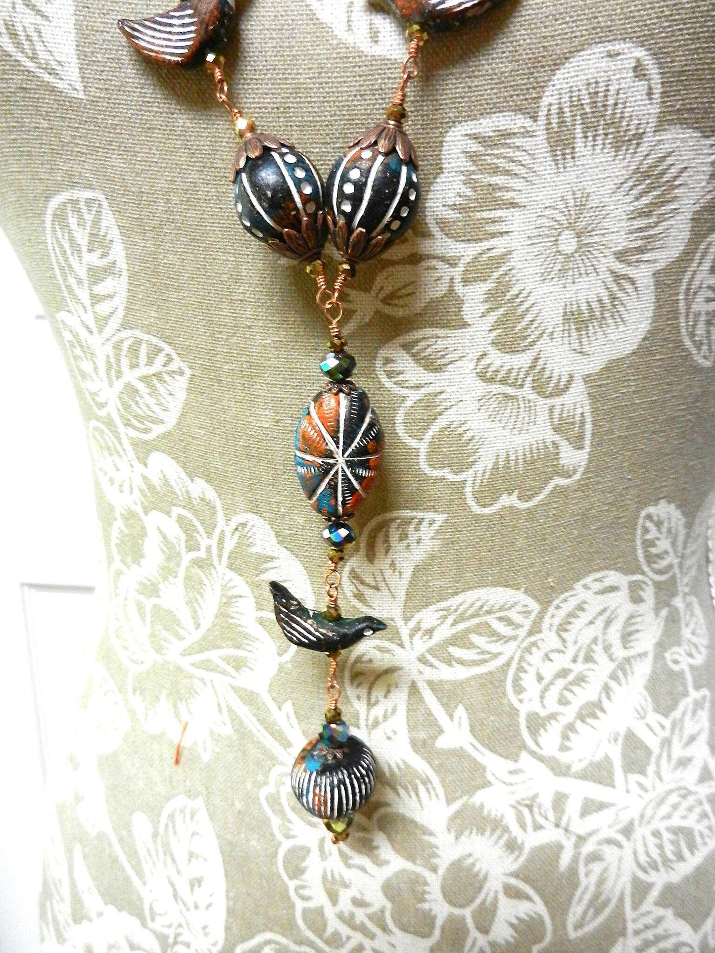 Copper Wire Wrapped Necklaces with Orange White and Blue Clay Bird Bead and Crystals with Matching Earrings