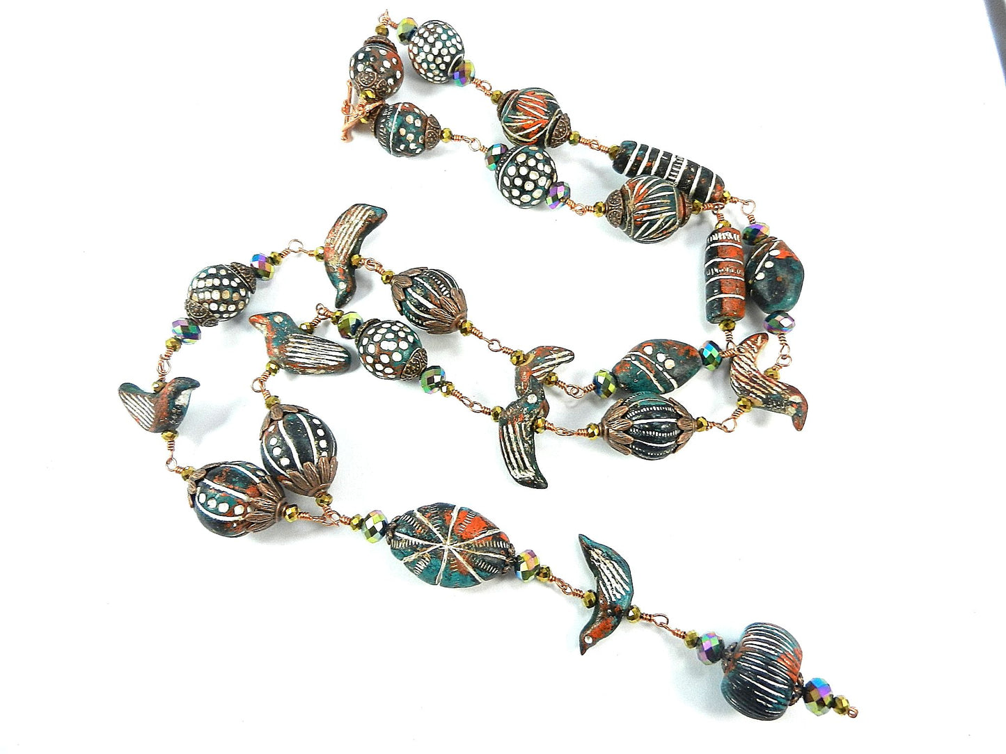 Copper Wire Wrapped Necklaces with Orange White and Blue Clay Bird Bead and Crystals with Matching Earrings