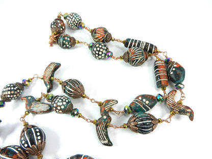 Copper Wire Wrapped Necklaces with Orange White and Blue Clay Bird Bead and Crystals with Matching Earrings