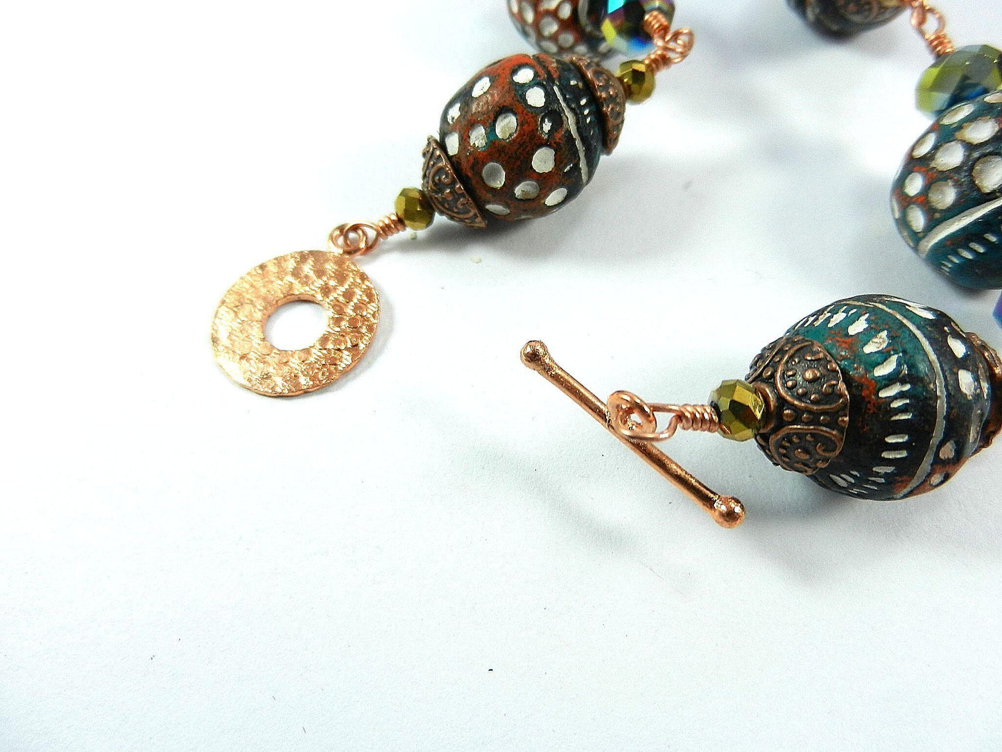 Copper Wire Wrapped Necklaces with Orange White and Blue Clay Bird Bead and Crystals with Matching Earrings