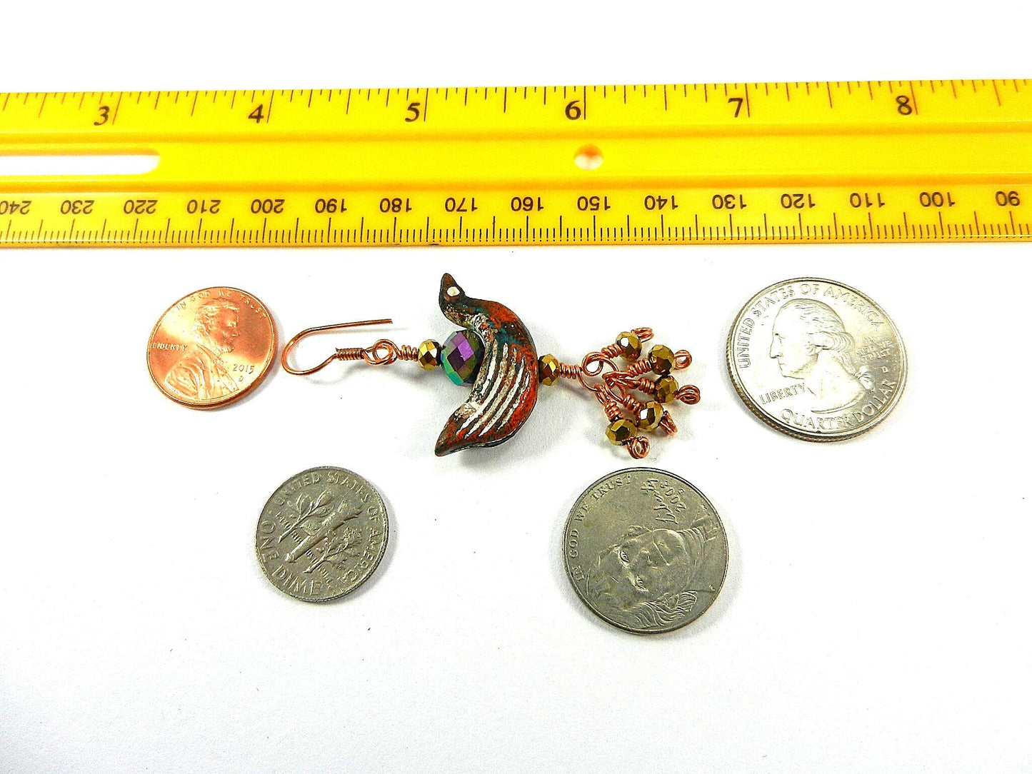 Copper Wire Wrapped Necklaces with Orange White and Blue Clay Bird Bead and Crystals with Matching Earrings
