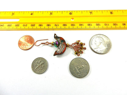 Copper Wire Wrapped Necklaces with Orange White and Blue Clay Bird Bead and Crystals with Matching Earrings
