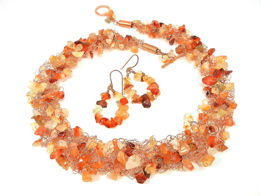 Orange Brown Gold Agate Chip Copper Wire Crocheted Necklace with Matching Earrings