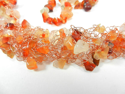 Orange Brown Gold Agate Chip Copper Wire Crocheted Necklace with Matching Earrings