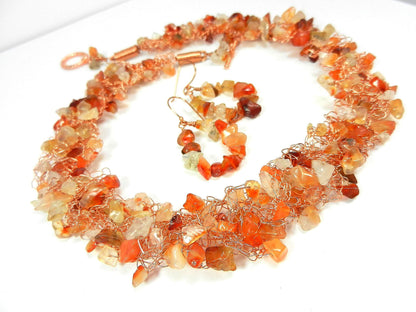 Orange Brown Gold Agate Chip Copper Wire Crocheted Necklace with Matching Earrings