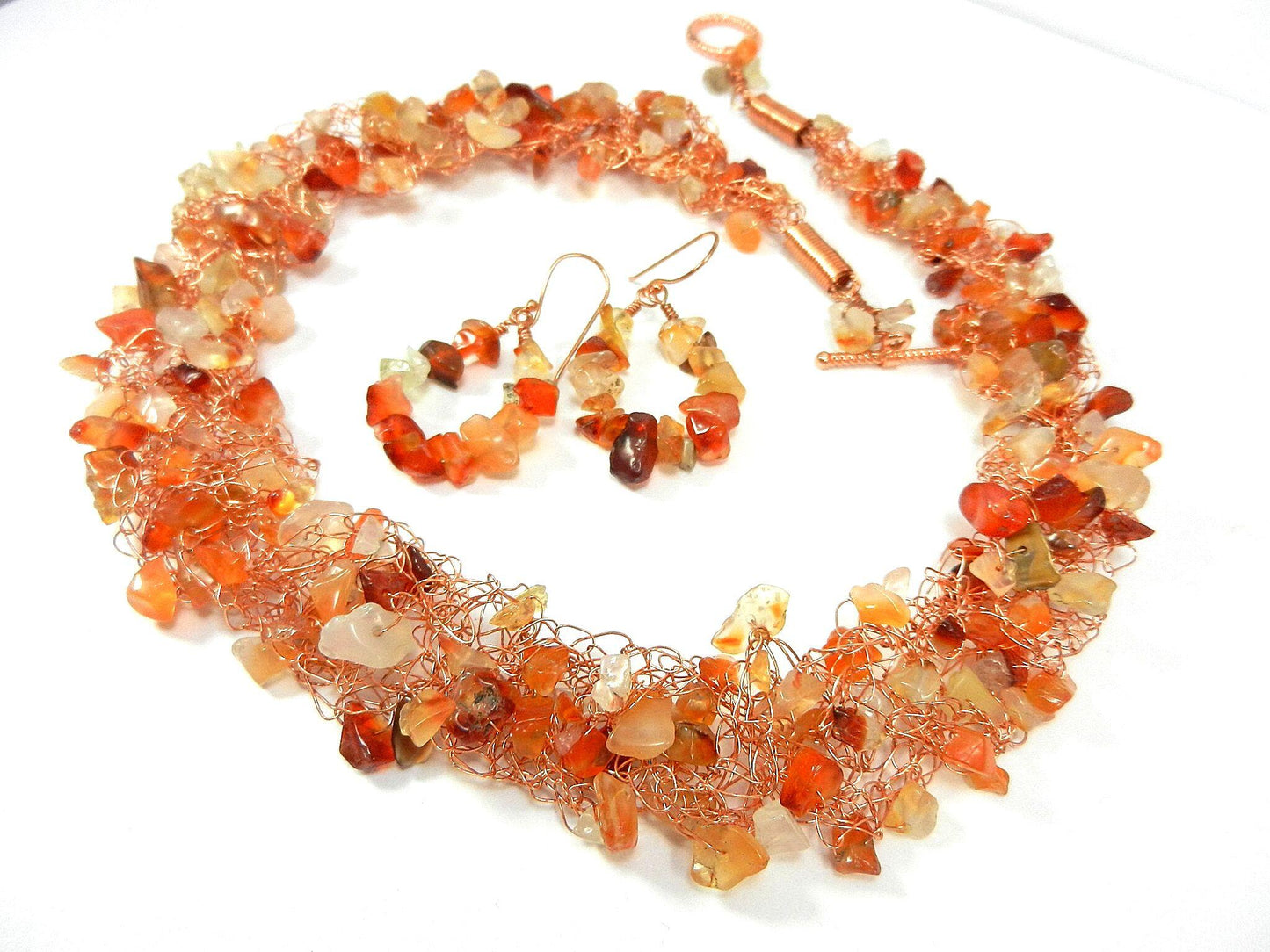 Orange Brown Gold Agate Chip Copper Wire Crocheted Necklace with Matching Earrings