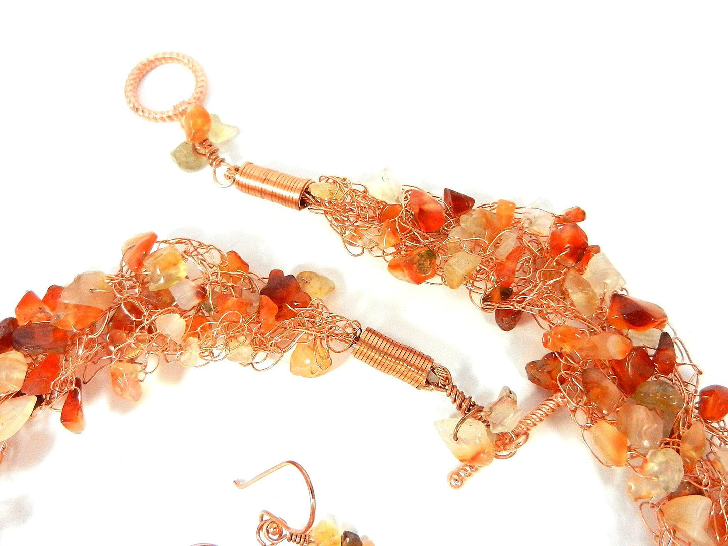 Orange Brown Gold Agate Chip Copper Wire Crocheted Necklace with Matching Earrings