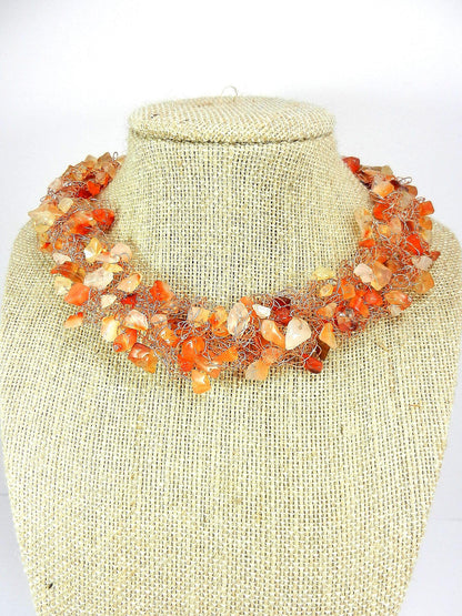 Orange Brown Gold Agate Chip Copper Wire Crocheted Necklace with Matching Earrings