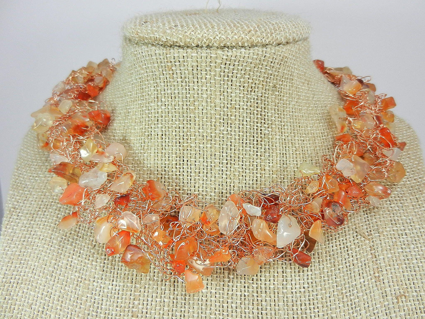 Orange Brown Gold Agate Chip Copper Wire Crocheted Necklace with Matching Earrings