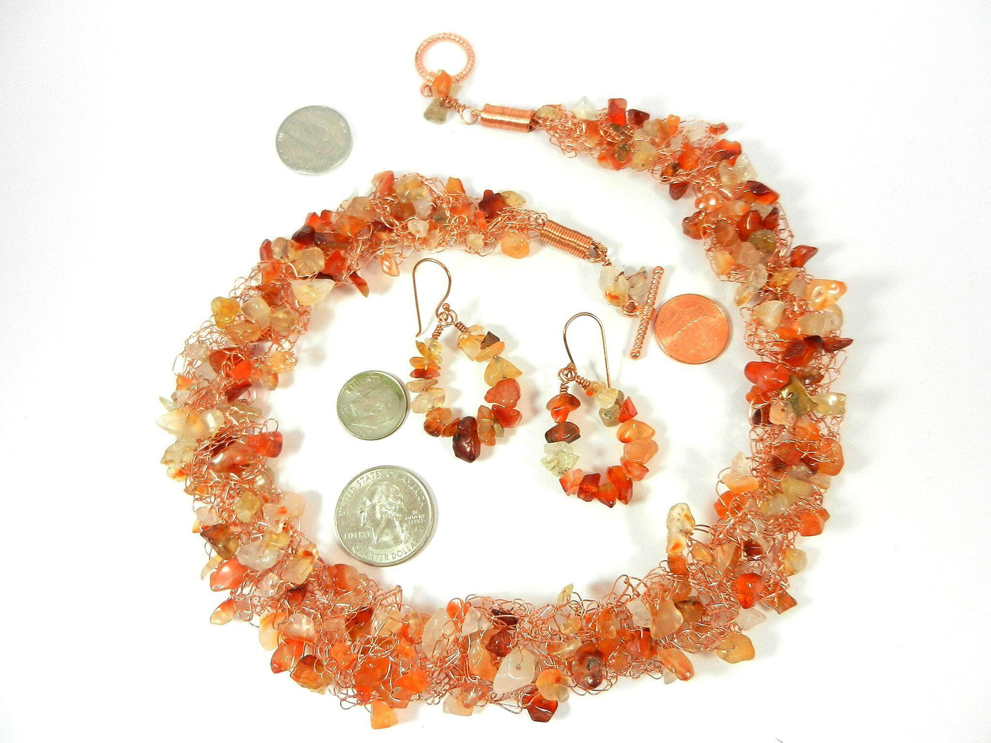 Orange Brown Gold Agate Chip Copper Wire Crocheted Necklace with Matching Earrings