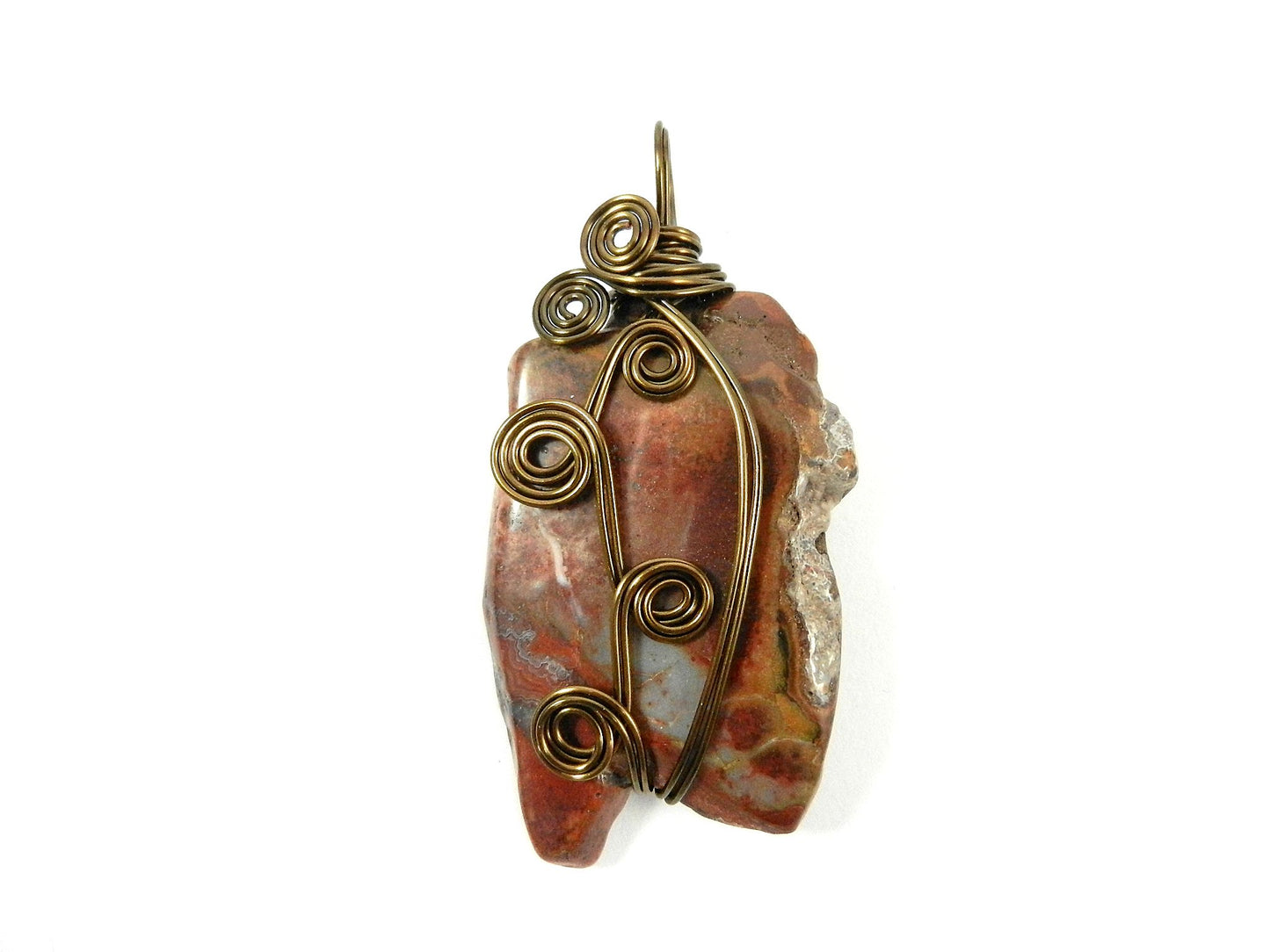 Bronze Wire Wrapped Red and Brown Jasper Gemstone Pendant