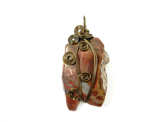 Bronze Wire Wrapped Red and Brown Jasper Gemstone Pendant