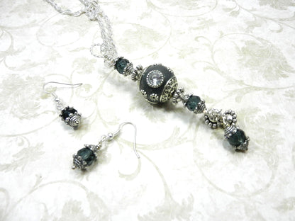 Silver Necklace with a Large Grey and Silver Artesian Bead and Matching Gray Crystal Earrings