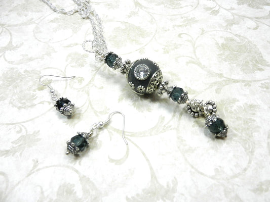 Silver Necklace with a Large Grey and Silver Artesian Bead and Matching Gray Crystal Earrings