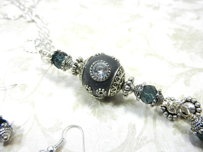 Silver Necklace with a Large Grey and Silver Artesian Bead and Matching Gray Crystal Earrings