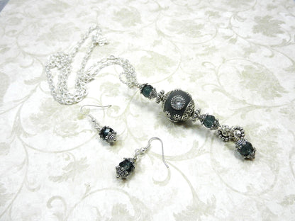 Silver Necklace with a Large Grey and Silver Artesian Bead and Matching Gray Crystal Earrings