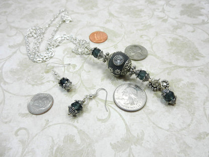 Silver Necklace with a Large Grey and Silver Artesian Bead and Matching Gray Crystal Earrings