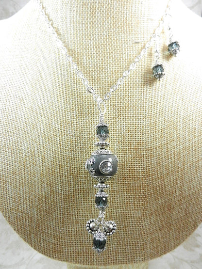 Silver Necklace with a Large Grey and Silver Artesian Bead and Matching Gray Crystal Earrings