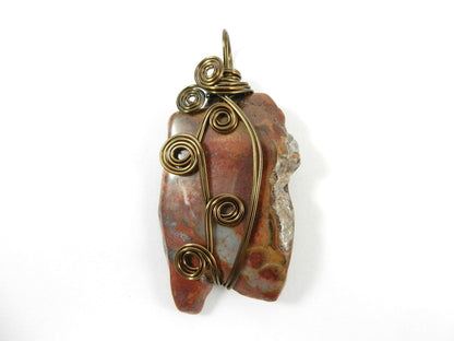 Bronze Wire Wrapped Red and Brown Jasper Gemstone Pendant