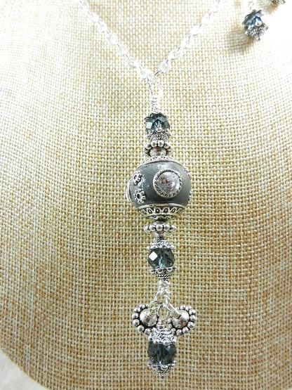 Silver Necklace with a Large Grey and Silver Artesian Bead and Matching Gray Crystal Earrings