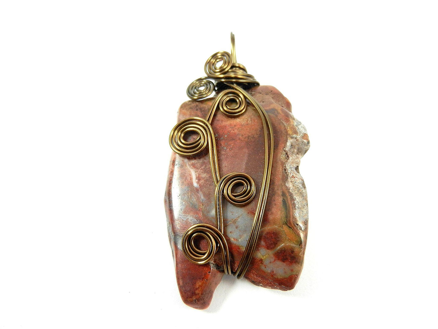 Bronze Wire Wrapped Red and Brown Jasper Gemstone Pendant