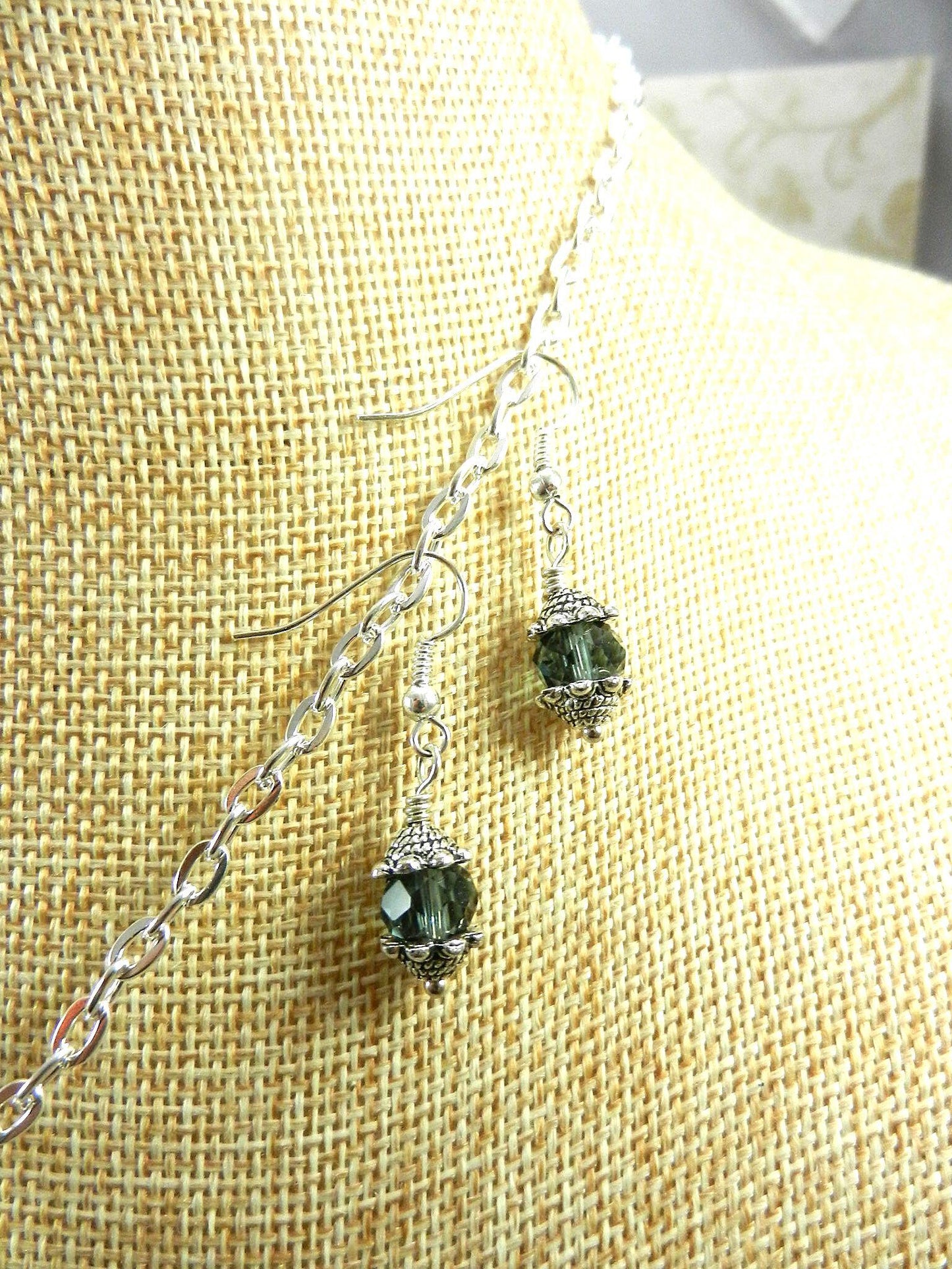 Silver Necklace with a Large Grey and Silver Artesian Bead and Matching Gray Crystal Earrings