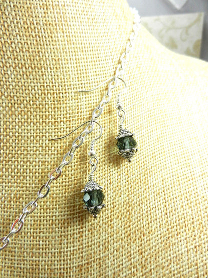 Silver Necklace with a Large Grey and Silver Artesian Bead and Matching Gray Crystal Earrings
