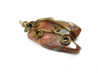 Bronze Wire Wrapped Red and Brown Jasper Gemstone Pendant