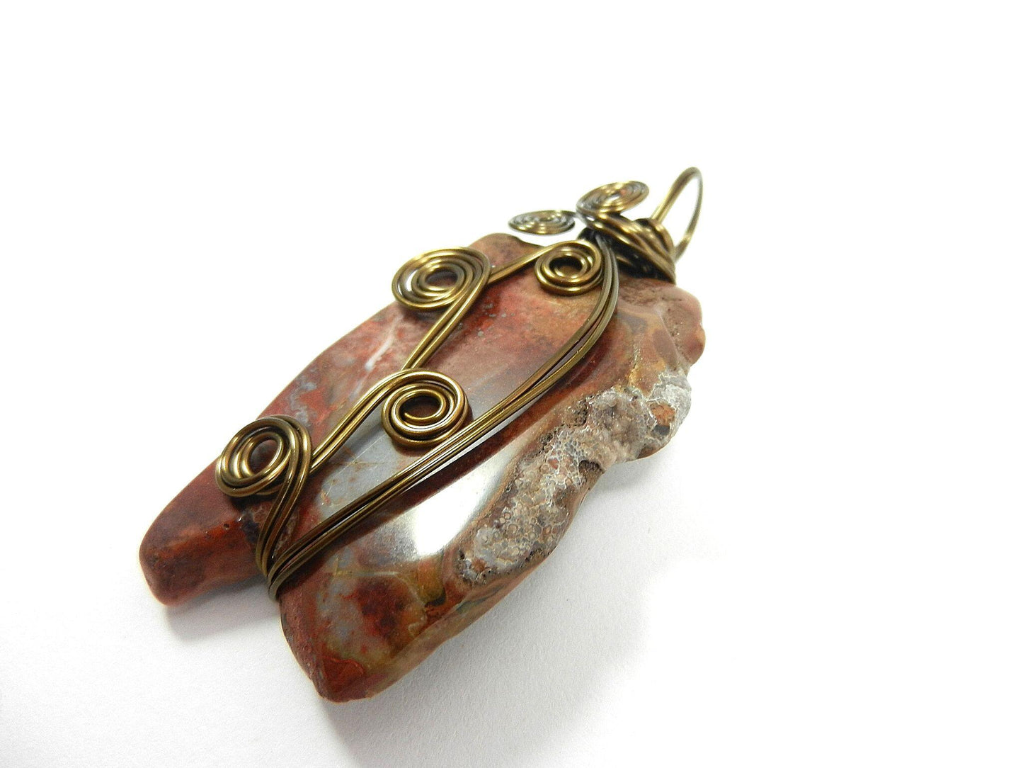 Bronze Wire Wrapped Red and Brown Jasper Gemstone Pendant