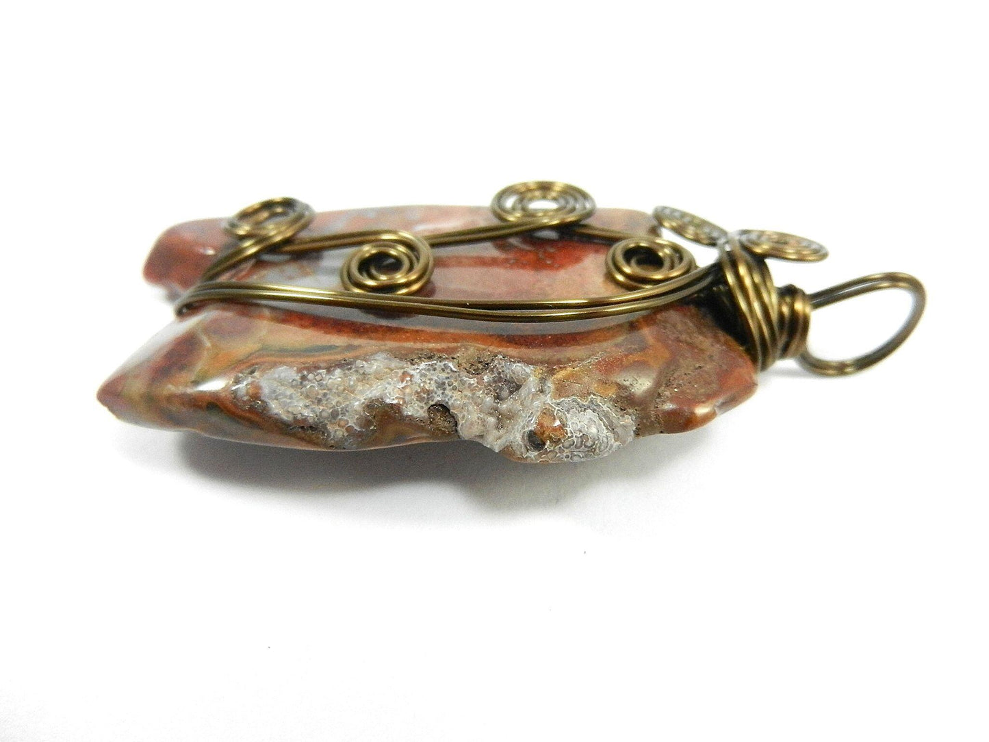 Bronze Wire Wrapped Red and Brown Jasper Gemstone Pendant