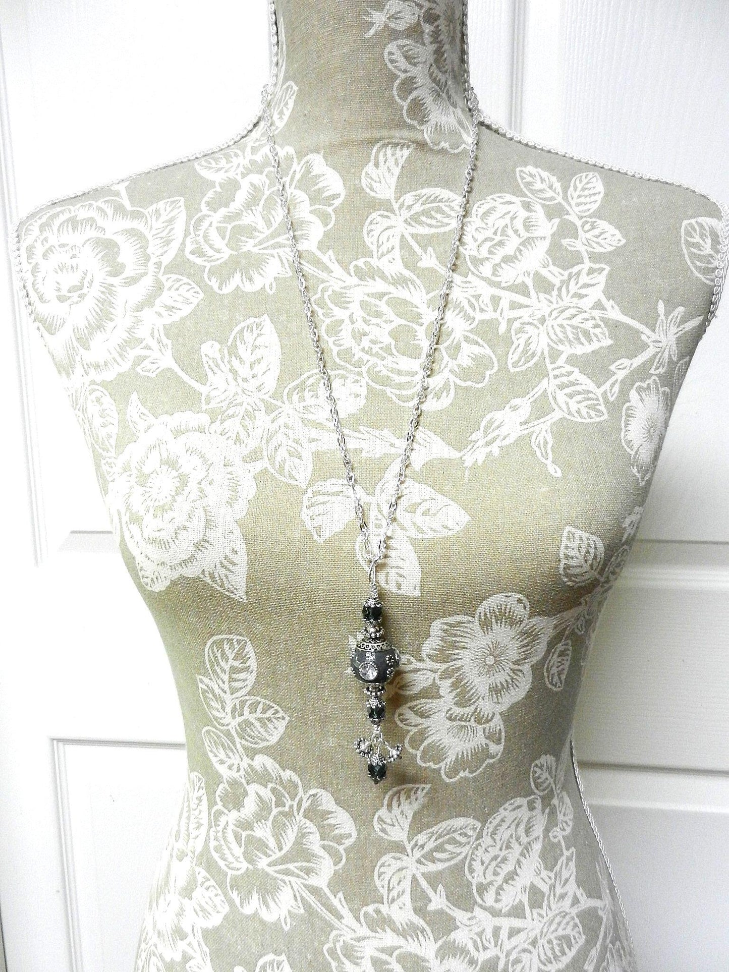 Silver Necklace with a Large Grey and Silver Artesian Bead and Matching Gray Crystal Earrings