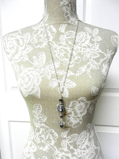 Silver Necklace with a Large Grey and Silver Artesian Bead and Matching Gray Crystal Earrings