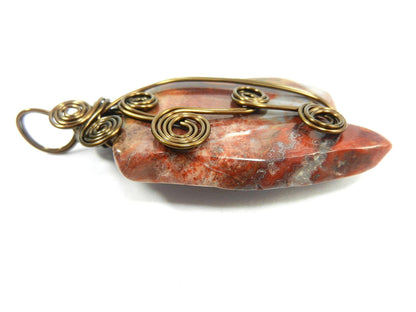 Bronze Wire Wrapped Red and Brown Jasper Gemstone Pendant