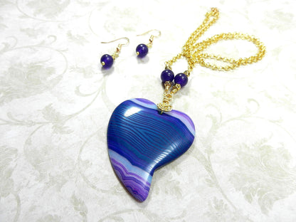 Blue and Purple Agate Heart Pendant Necklace Gold Wire Wrapped with Matching Amethyst Earrings