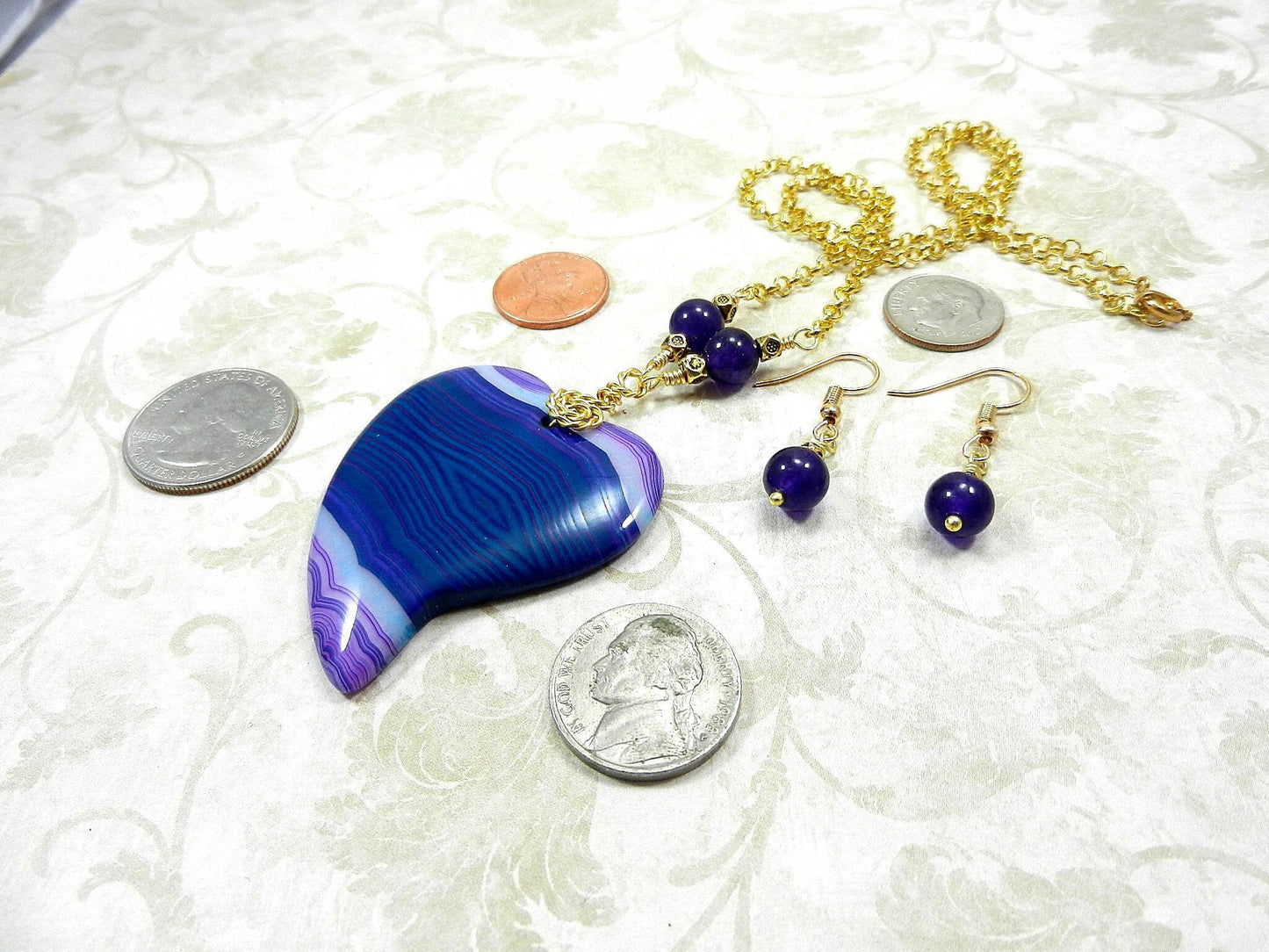 Blue and Purple Agate Heart Pendant Necklace Gold Wire Wrapped with Matching Amethyst Earrings