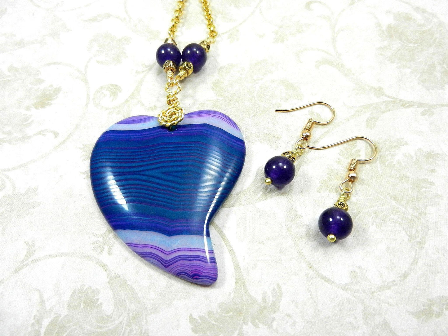 Blue and Purple Agate Heart Pendant Necklace Gold Wire Wrapped with Matching Amethyst Earrings