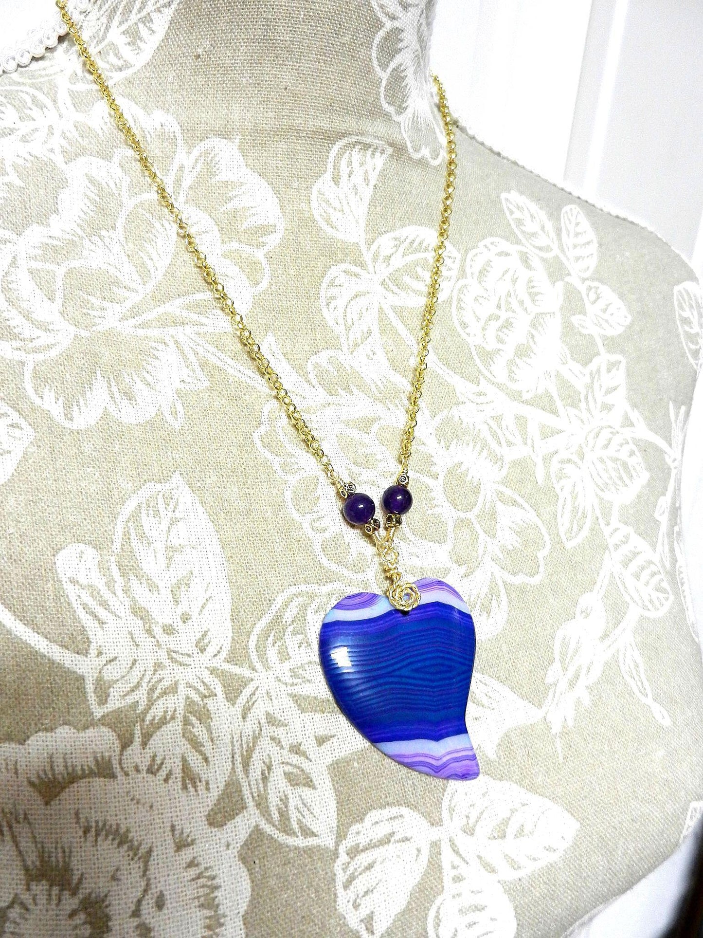 Blue and Purple Agate Heart Pendant Necklace Gold Wire Wrapped with Matching Amethyst Earrings