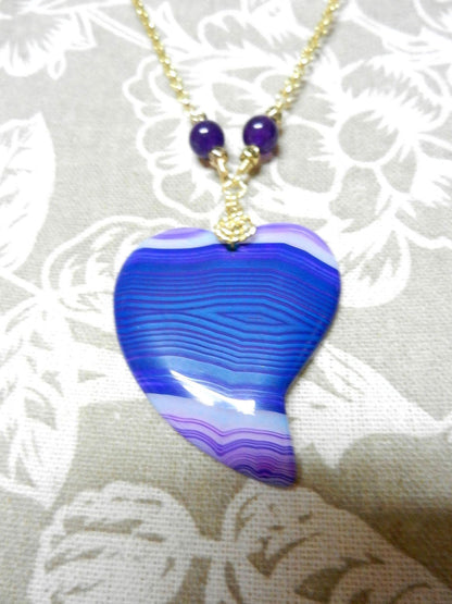 Blue and Purple Agate Heart Pendant Necklace Gold Wire Wrapped with Matching Amethyst Earrings