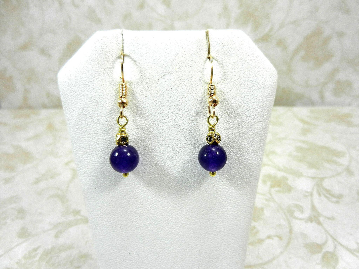 Blue and Purple Agate Heart Pendant Necklace Gold Wire Wrapped with Matching Amethyst Earrings