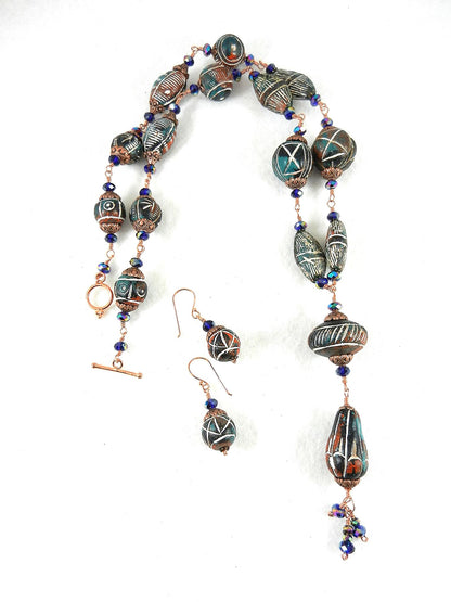 Copper Wire Wrapped Green and Red Clay Bead Necklace with Matching Earrings