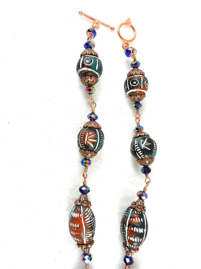 Copper Wire Wrapped Green and Red Clay Bead Necklace with Matching Earrings