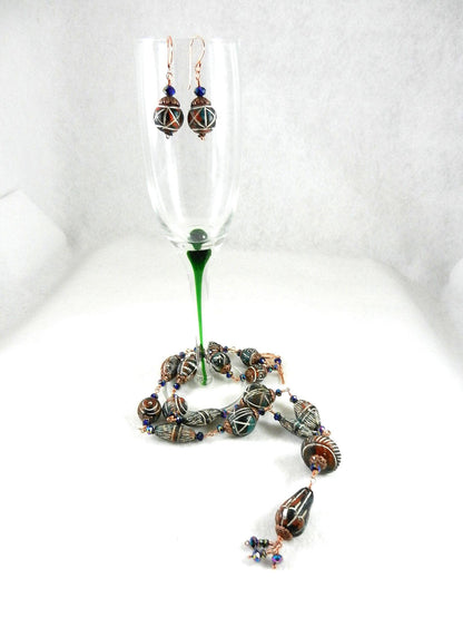 Copper Wire Wrapped Green and Red Clay Bead Necklace with Matching Earrings