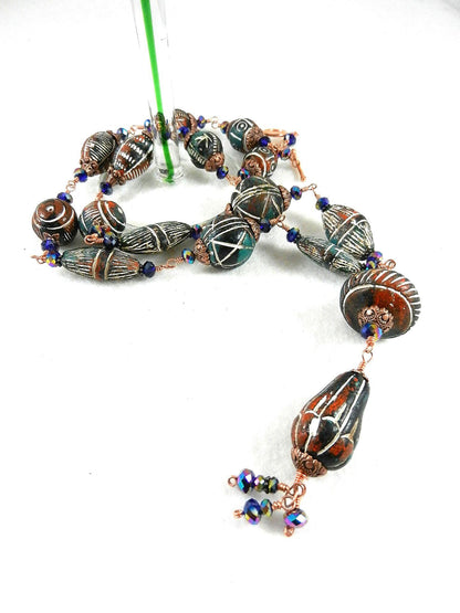 Copper Wire Wrapped Green and Red Clay Bead Necklace with Matching Earrings