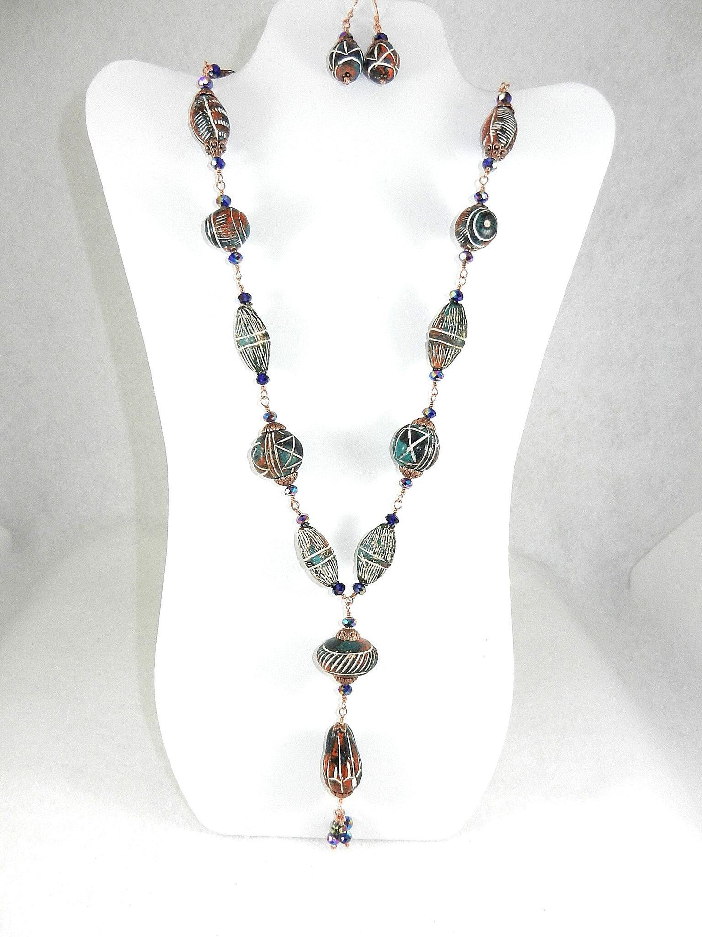 Copper Wire Wrapped Green and Red Clay Bead Necklace with Matching Earrings