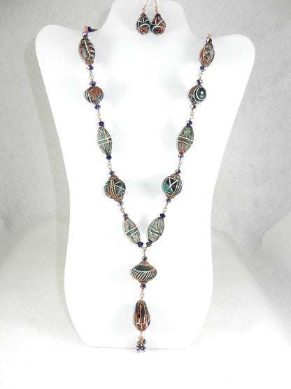 Copper Wire Wrapped Green and Red Clay Bead Necklace with Matching Earrings