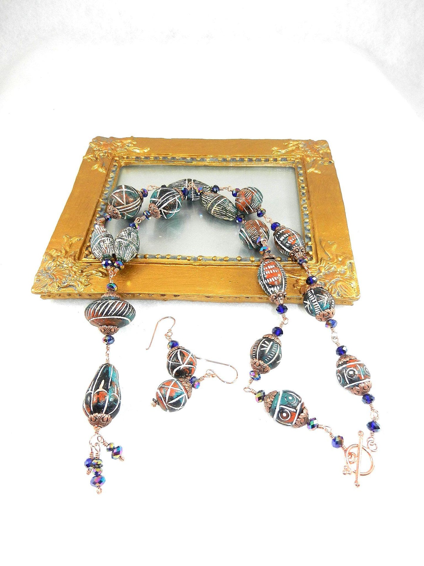 Copper Wire Wrapped Green and Red Clay Bead Necklace with Matching Earrings